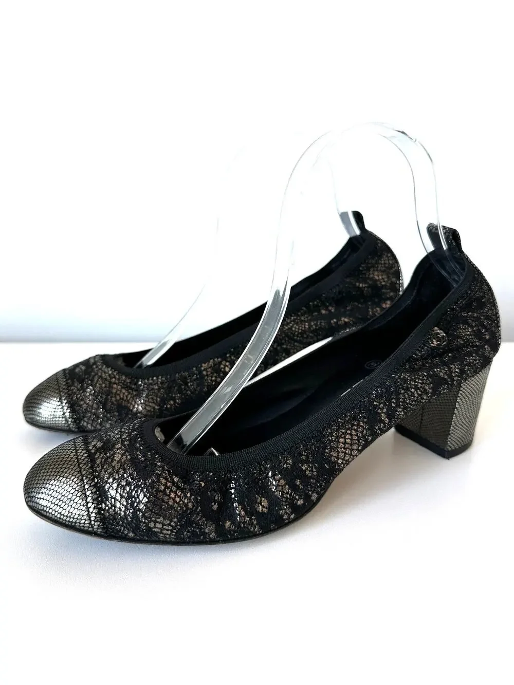 CHANEL Black Gold Metallic Cap Toe Stretchy Block Heel Pumps IT 40